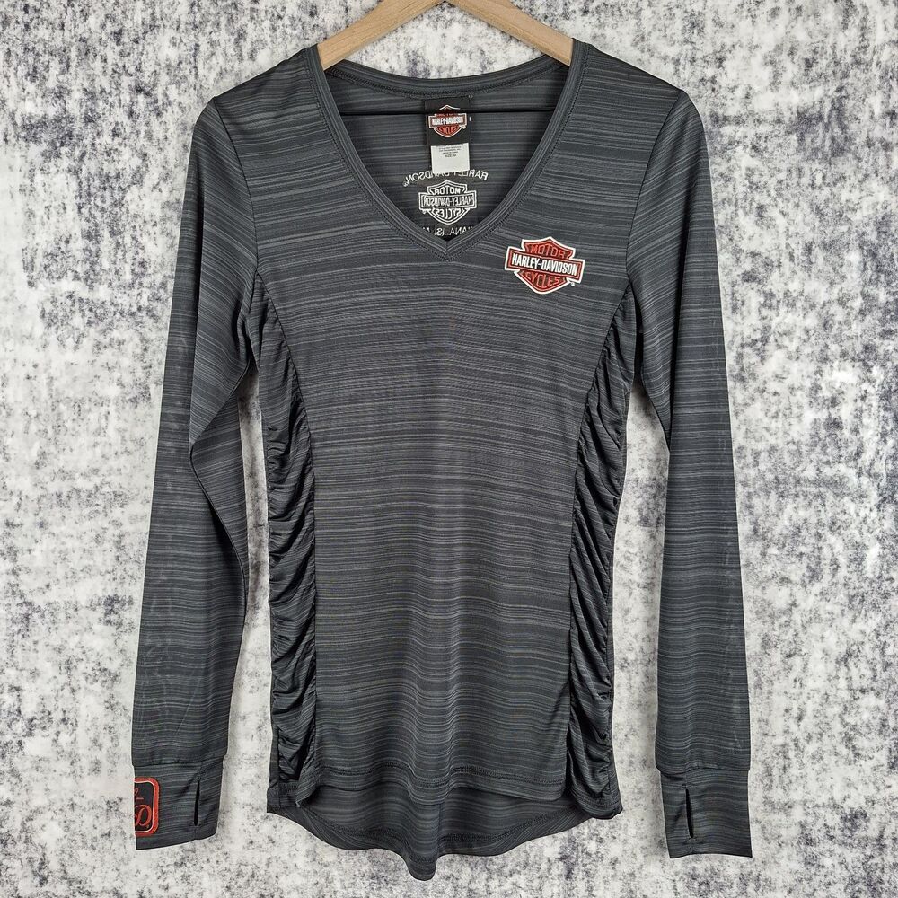 Harley-Davidson Guam Marina Islands Womens M V Neck Shirt Gray Ruched Side L/S